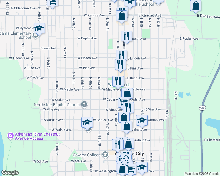 map of restaurants, bars, coffee shops, grocery stores, and more near 276-298 West Maple Avenue in Arkansas City