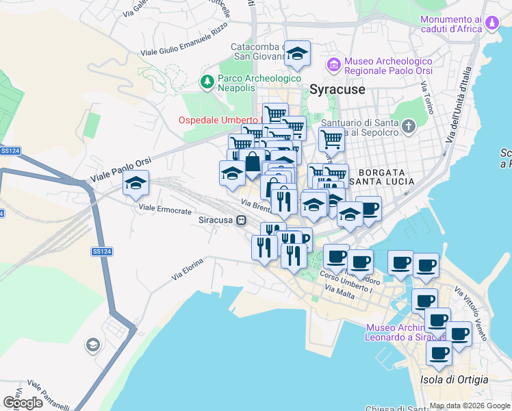 map of restaurants, bars, coffee shops, grocery stores, and more near 65 Via Brenta in Syracuse