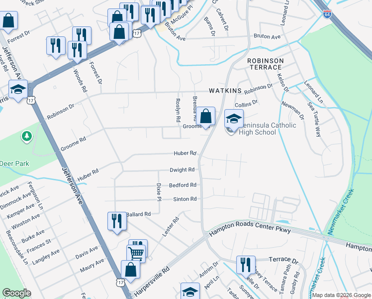 map of restaurants, bars, coffee shops, grocery stores, and more near 105 Huber Road in Newport News