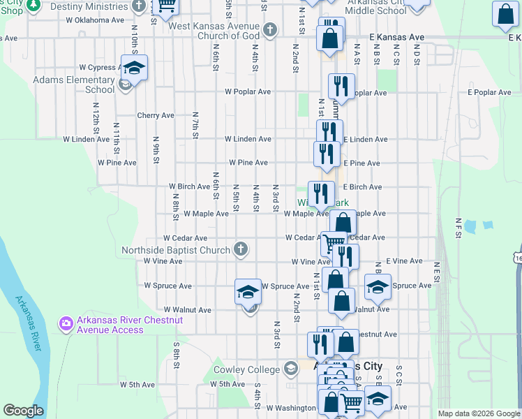 map of restaurants, bars, coffee shops, grocery stores, and more near 702 North 4th Street in Arkansas City