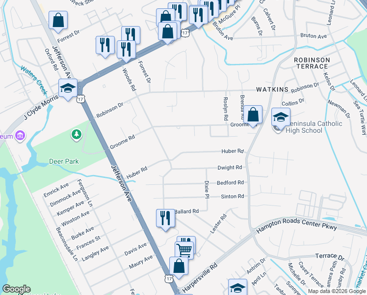 map of restaurants, bars, coffee shops, grocery stores, and more near 71 Huber Road in Newport News