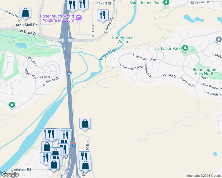 map of restaurants, bars, coffee shops, grocery stores, and more near 2255 Hill Road in St. George