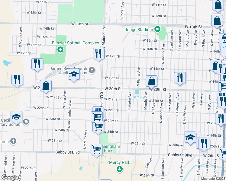map of restaurants, bars, coffee shops, grocery stores, and more near 2006 South Porter Avenue in Joplin