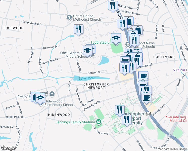 map of restaurants, bars, coffee shops, grocery stores, and more near 21 Garland Drive in Newport News