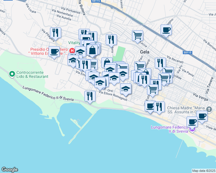 map of restaurants, bars, coffee shops, grocery stores, and more near 9 Via Emanuele Carfì in Gela