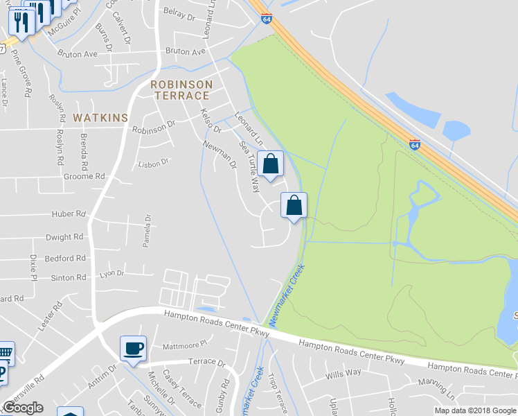 map of restaurants, bars, coffee shops, grocery stores, and more near 519 Loggerhead Drive in Newport News