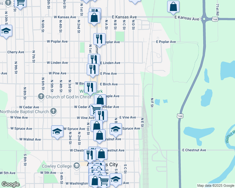 map of restaurants, bars, coffee shops, grocery stores, and more near 702 North B Street in Arkansas City