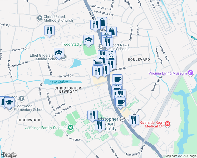 map of restaurants, bars, coffee shops, grocery stores, and more near Hidenwood Shopping Center in Newport News