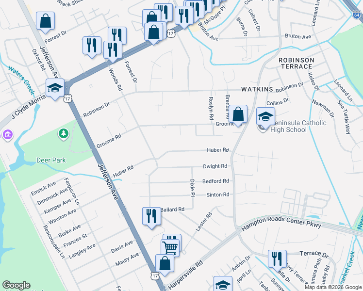 map of restaurants, bars, coffee shops, grocery stores, and more near 81 Huber Road in Newport News