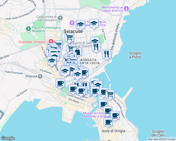 map of restaurants, bars, coffee shops, grocery stores, and more near 4 Via Bainsizza in Siracusa