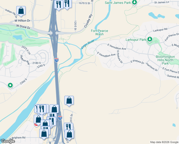 map of restaurants, bars, coffee shops, grocery stores, and more near 2255 Hill Road in St. George