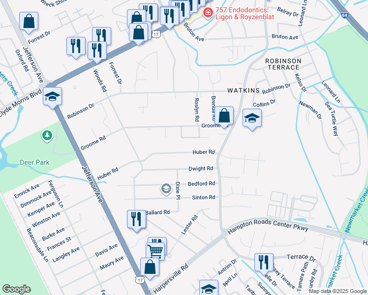 map of restaurants, bars, coffee shops, grocery stores, and more near 91 Huber Road in Newport News
