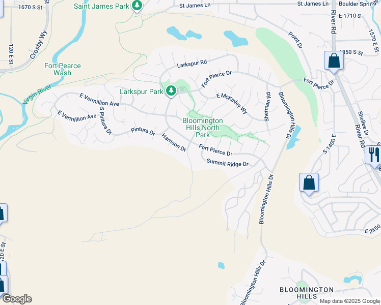 map of restaurants, bars, coffee shops, grocery stores, and more near 2319 Apparation Court in St. George