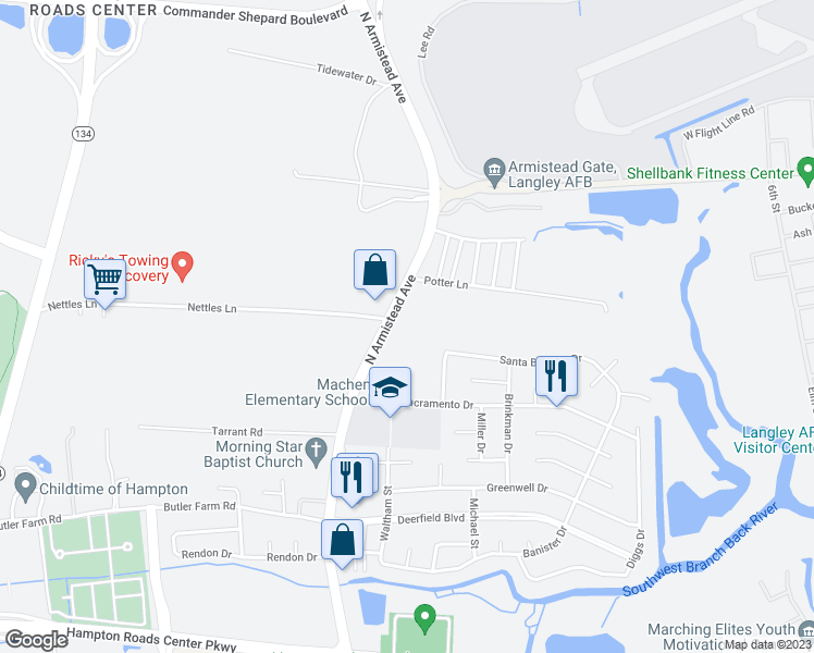 map of restaurants, bars, coffee shops, grocery stores, and more near 2890 North Armistead Avenue in Hampton