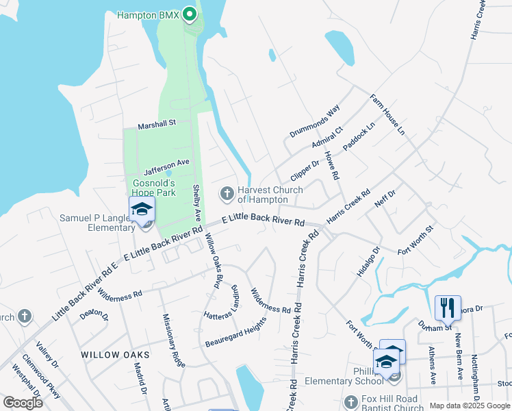 map of restaurants, bars, coffee shops, grocery stores, and more near 2 Admiral Court in Hampton