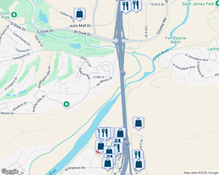 map of restaurants, bars, coffee shops, grocery stores, and more near 143 West Dolce Cove in St. George