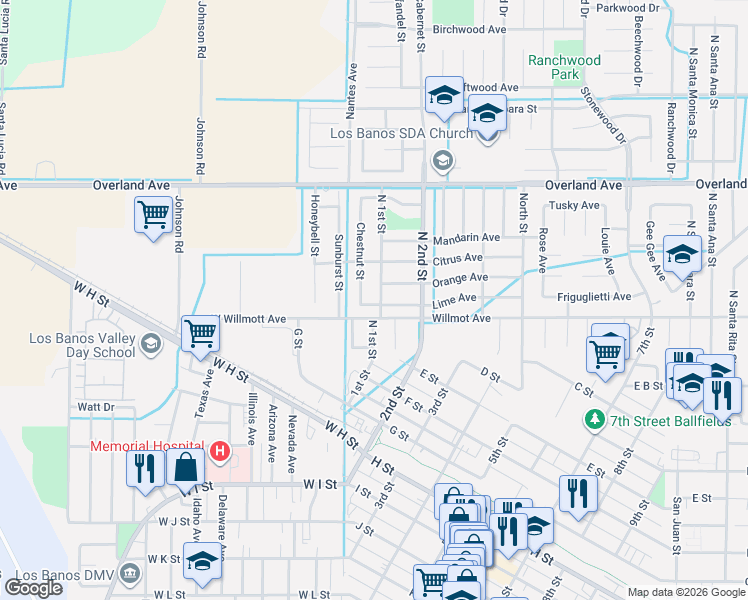 map of restaurants, bars, coffee shops, grocery stores, and more near 107 Lime Avenue in Los Banos