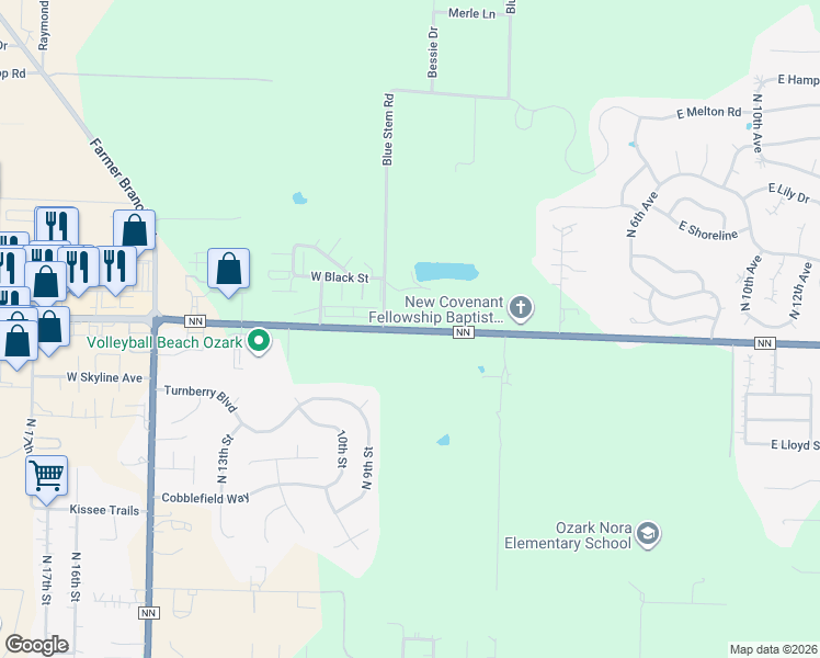 map of restaurants, bars, coffee shops, grocery stores, and more near 575 State Highway NN in Ozark