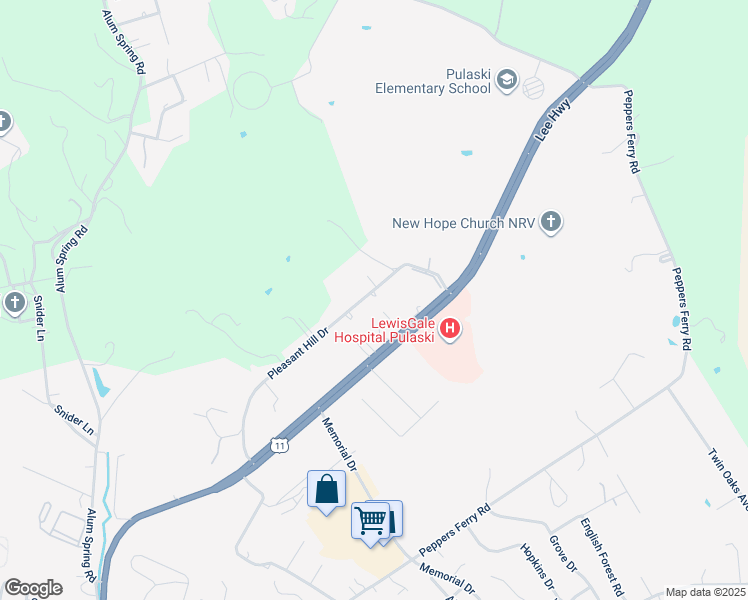 map of restaurants, bars, coffee shops, grocery stores, and more near 2310 Pleasant Hill Drive in Pulaski