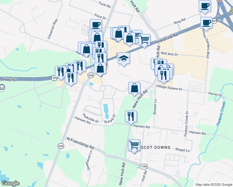 map of restaurants, bars, coffee shops, grocery stores, and more near 2109 West Park Drive in Paducah