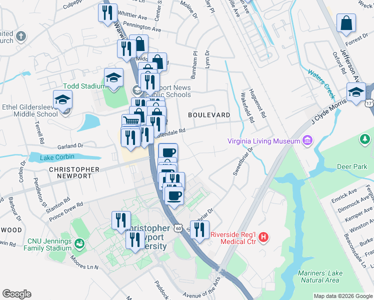 map of restaurants, bars, coffee shops, grocery stores, and more near 413 Burnham Place in Newport News