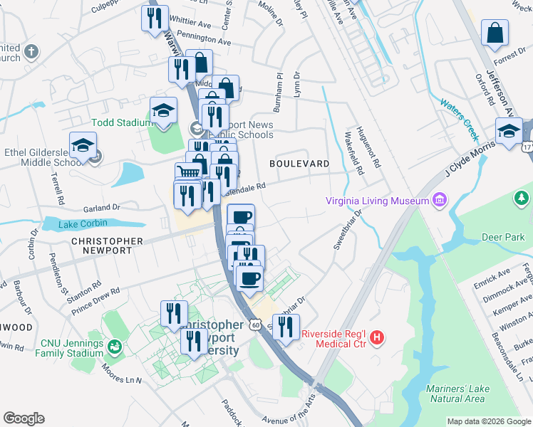 map of restaurants, bars, coffee shops, grocery stores, and more near 413 Burnham Place in Newport News
