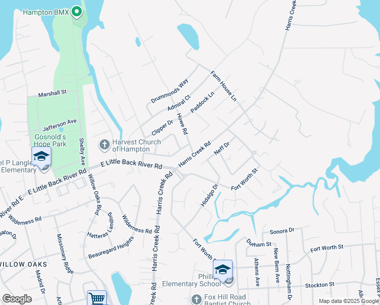 map of restaurants, bars, coffee shops, grocery stores, and more near 113 Harris Creek Road in Hampton
