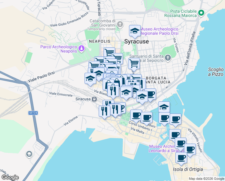map of restaurants, bars, coffee shops, grocery stores, and more near 18 Via del Colle Temenite in Siracusa