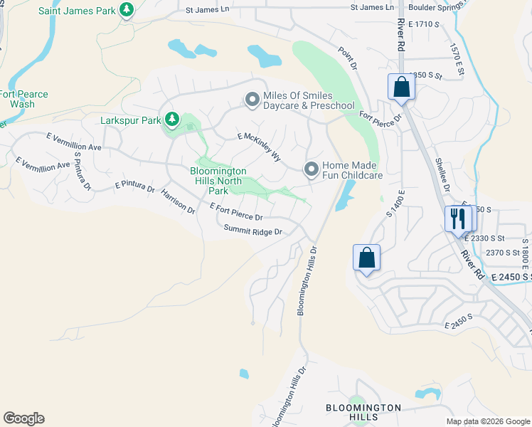 map of restaurants, bars, coffee shops, grocery stores, and more near 1045 East Fort Pierce Drive in St. George