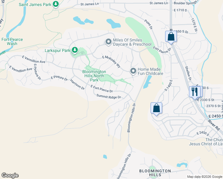 map of restaurants, bars, coffee shops, grocery stores, and more near 1054 Fort Pierce Drive in St. George