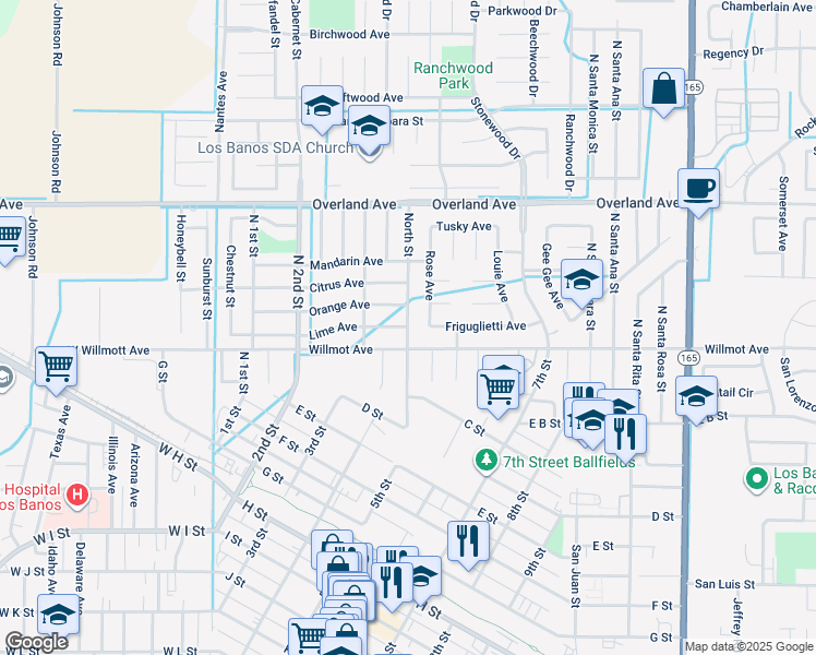 map of restaurants, bars, coffee shops, grocery stores, and more near 266 North Street in Los Banos