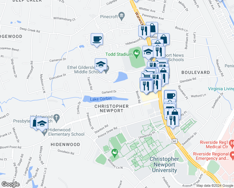 map of restaurants, bars, coffee shops, grocery stores, and more near 15 Garland Drive in Newport News