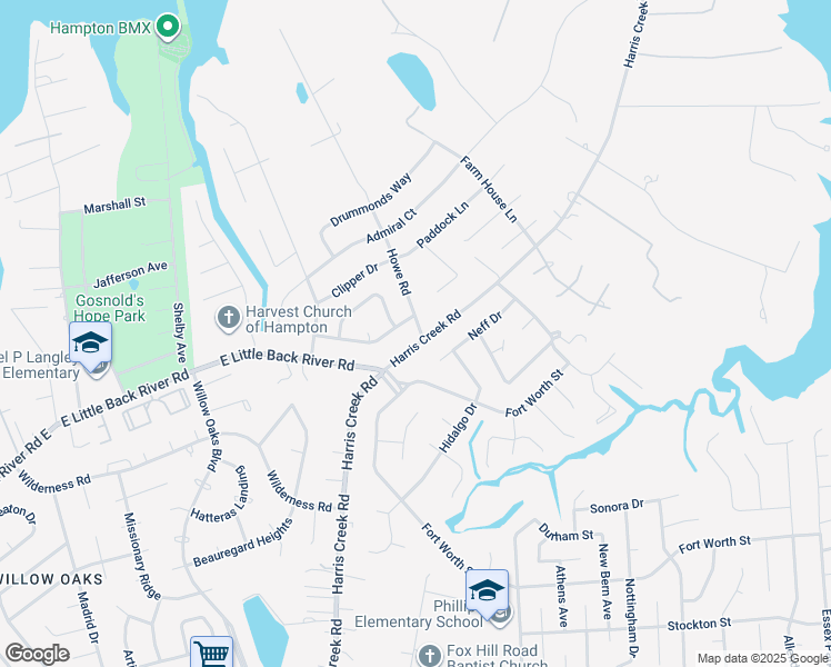 map of restaurants, bars, coffee shops, grocery stores, and more near 113 Harris Creek Road in Hampton