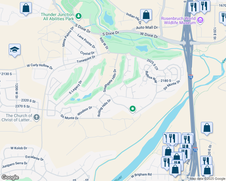 map of restaurants, bars, coffee shops, grocery stores, and more near 2244 Putters Circle in St. George