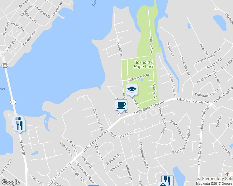 map of restaurants, bars, coffee shops, grocery stores, and more near 132 Riverview Drive in Hampton