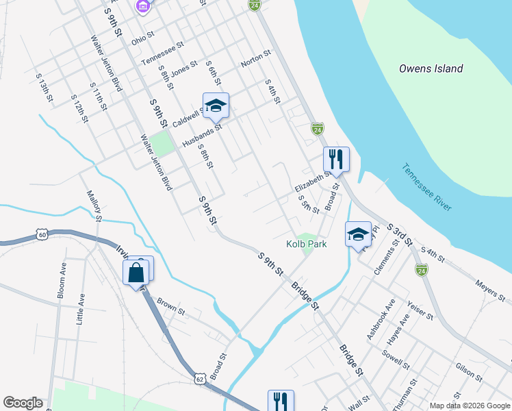 map of restaurants, bars, coffee shops, grocery stores, and more near 600-698 Elizabeth Street in Paducah