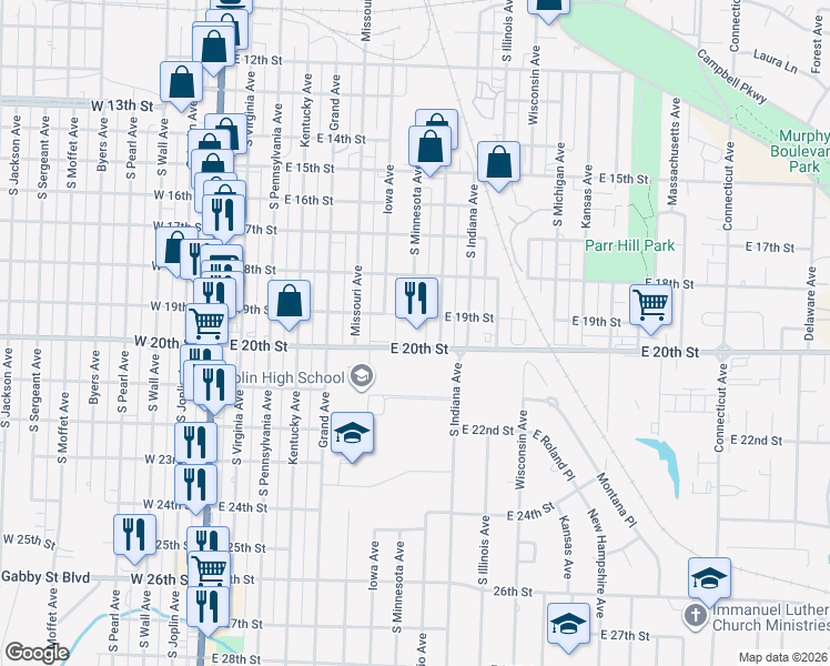 map of restaurants, bars, coffee shops, grocery stores, and more near 801 East 20th Street in Joplin