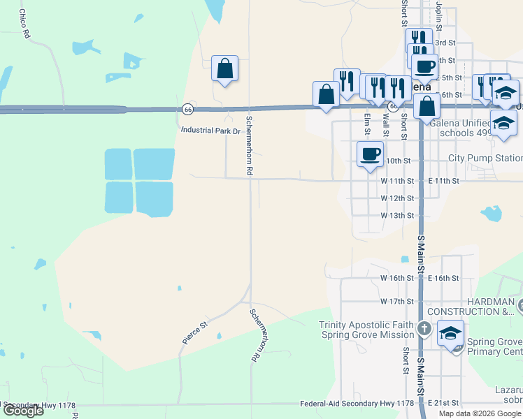 map of restaurants, bars, coffee shops, grocery stores, and more near 916 West 11th Street in Galena