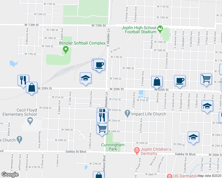 map of restaurants, bars, coffee shops, grocery stores, and more near 1564 West 20th Street in Joplin