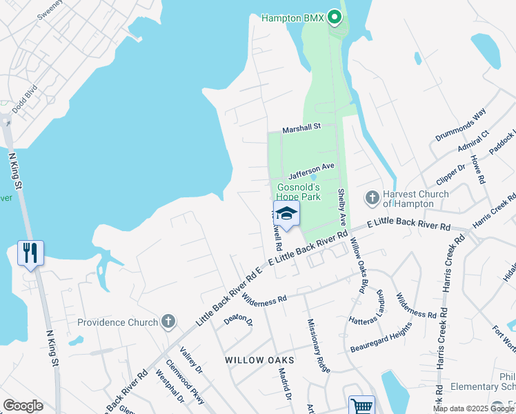 map of restaurants, bars, coffee shops, grocery stores, and more near 132 Riverview Drive in Hampton