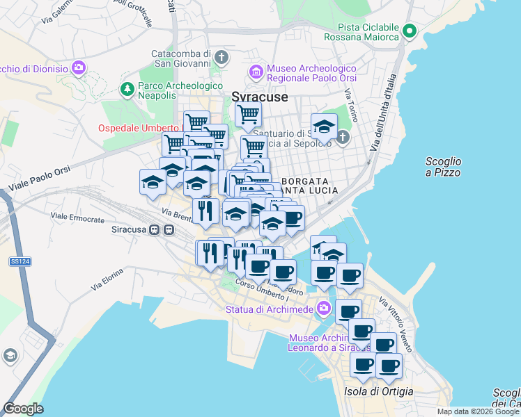 map of restaurants, bars, coffee shops, grocery stores, and more near 21 Via Bacchilide in Siracusa