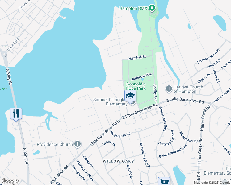 map of restaurants, bars, coffee shops, grocery stores, and more near 134 Riverview Drive in Hampton