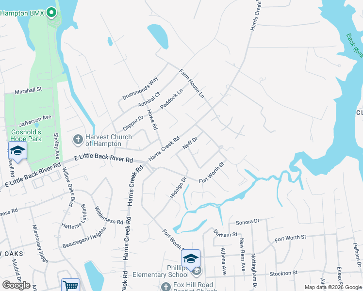 map of restaurants, bars, coffee shops, grocery stores, and more near 33 Hidalgo Drive in Hampton