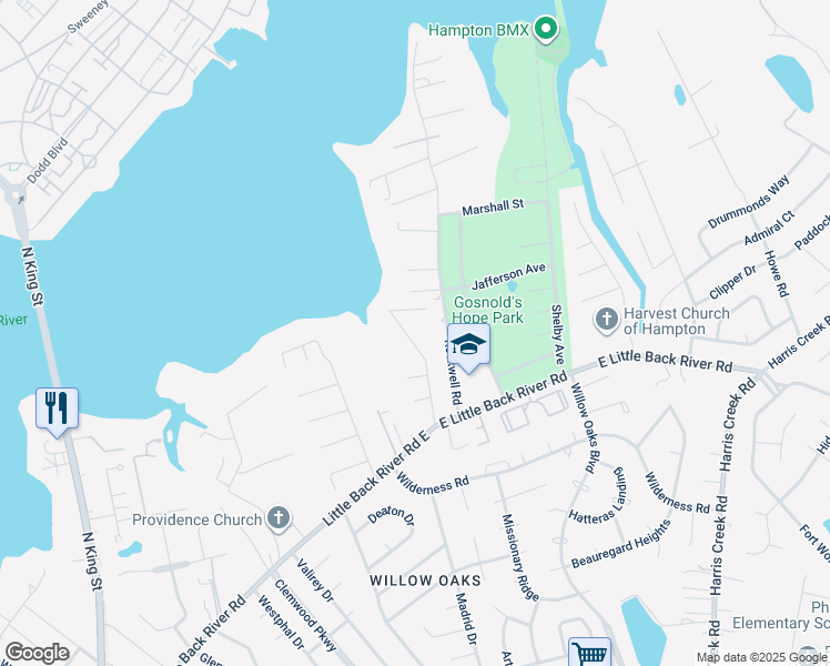 map of restaurants, bars, coffee shops, grocery stores, and more near 134 Riverview Drive in Hampton