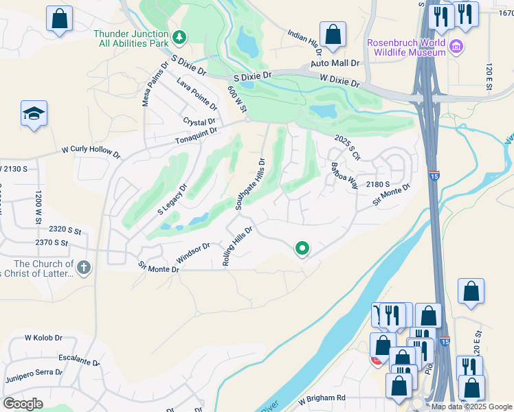 map of restaurants, bars, coffee shops, grocery stores, and more near 2244 Putters Circle in St. George
