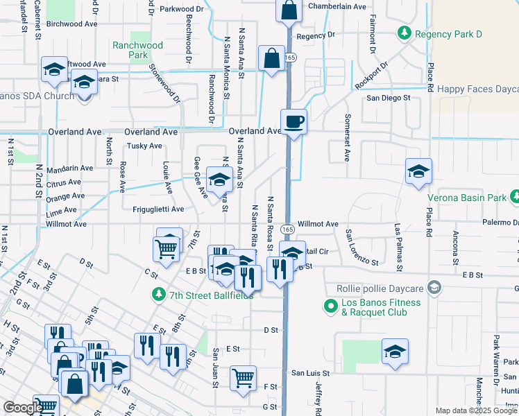 map of restaurants, bars, coffee shops, grocery stores, and more near 208 North Santa Rita Street in Los Banos