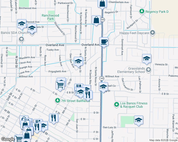map of restaurants, bars, coffee shops, grocery stores, and more near 208 North Santa Rita Street in Los Banos