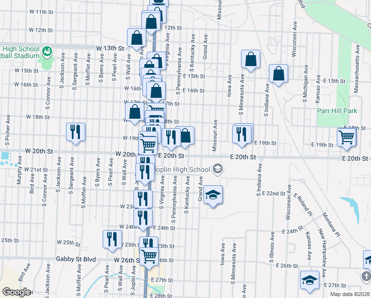 map of restaurants, bars, coffee shops, grocery stores, and more near 1931 South Kentucky Avenue in Joplin