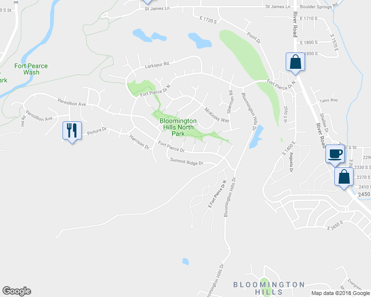 map of restaurants, bars, coffee shops, grocery stores, and more near 985 Fort Pierce Drive in Saint George