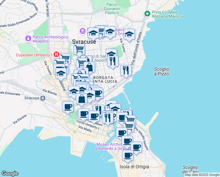map of restaurants, bars, coffee shops, grocery stores, and more near 4 Riviera Dionisio Il Grande in Siracusa